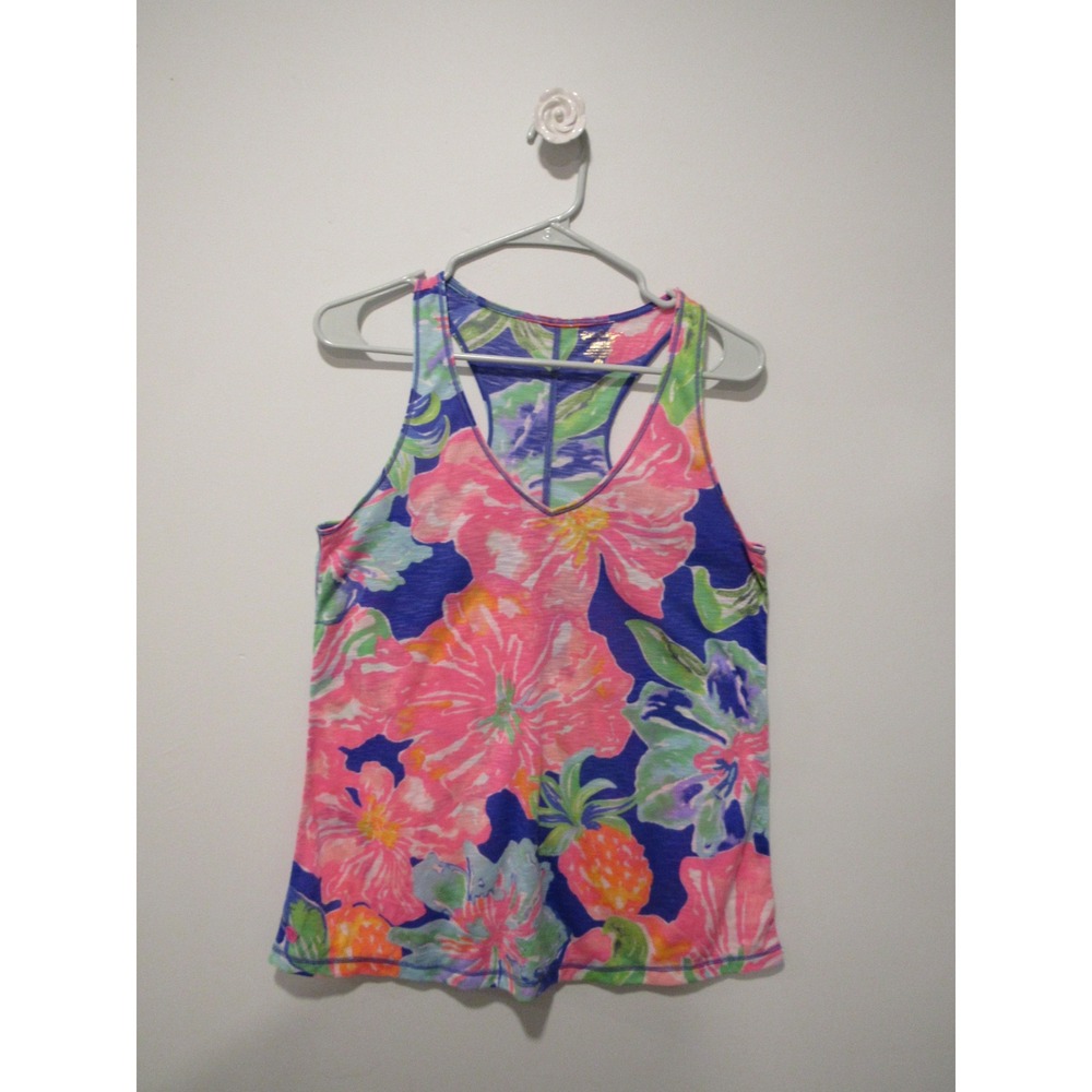 Lilly Pulitzer Luxletic Floral Pineapple Racerback Tank Top Pink Blue 30636 M